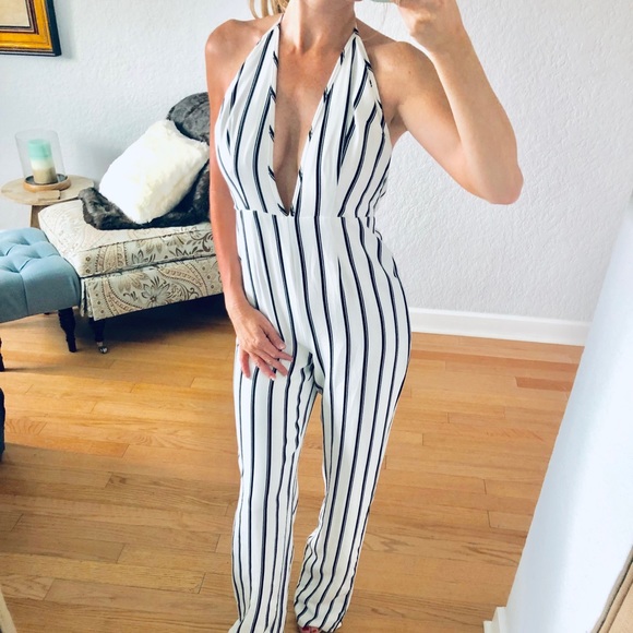 Missguided Pants - Black and white striped jumpsuit